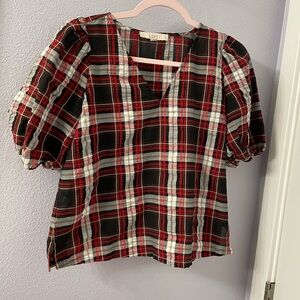 LOFT Red Black Ivory Plaid Shirt with V-Neck